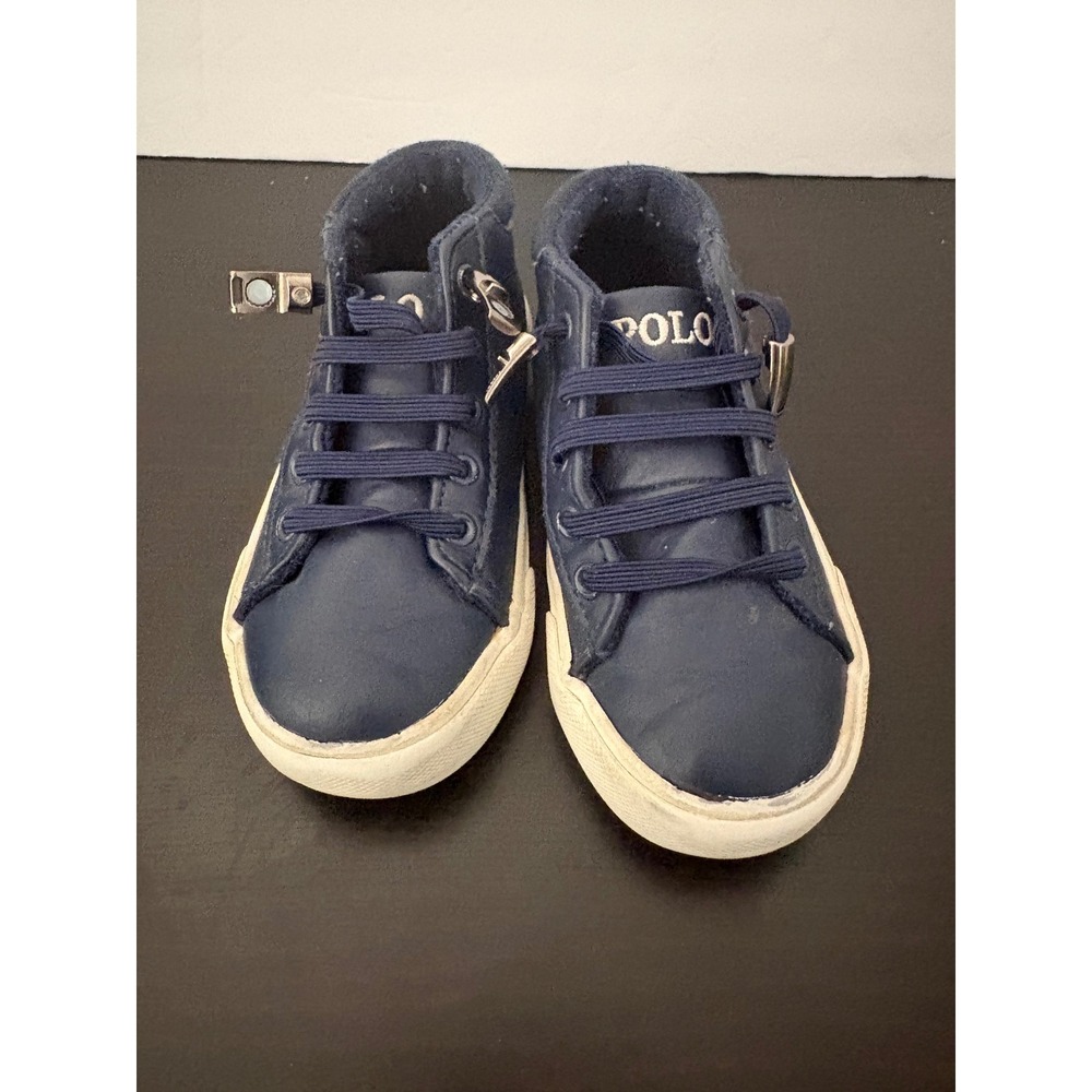 Polo Ralph Lauren Kids High Top Sneakers Size 8 Navy Blue Faux Leather Zip Pony
